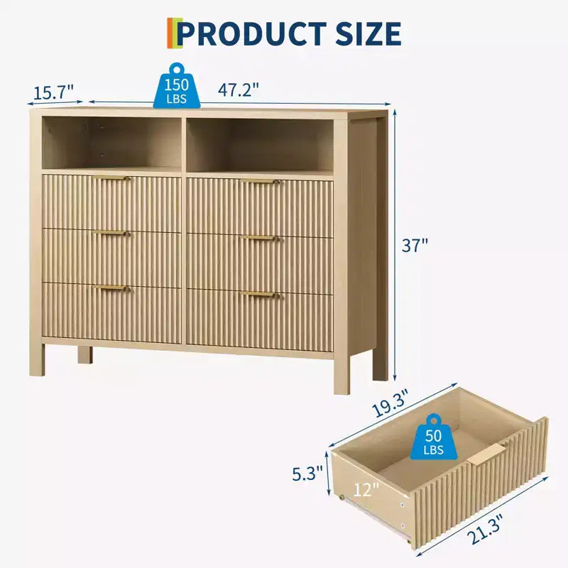 Cassettiera scanalata a 6 cassetti, comò con maniglia in metallo, porta TV, armadio organizer in legno per vestiti per soggiorno, corridoio