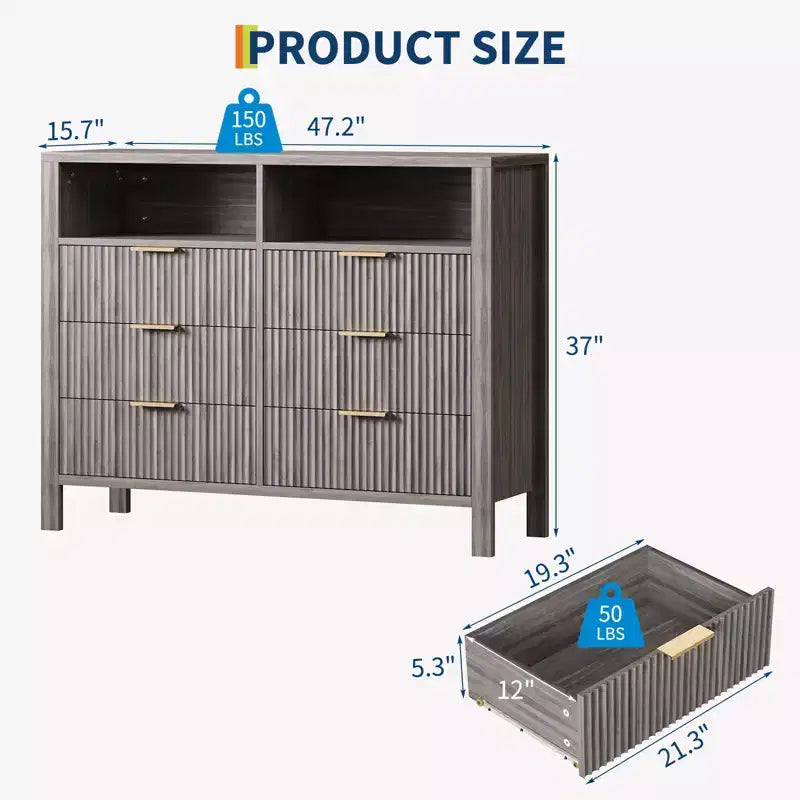Cassettiera scanalata a 6 cassetti, comò con maniglia in metallo, porta TV, armadio organizer in legno per vestiti per soggiorno, corridoio
