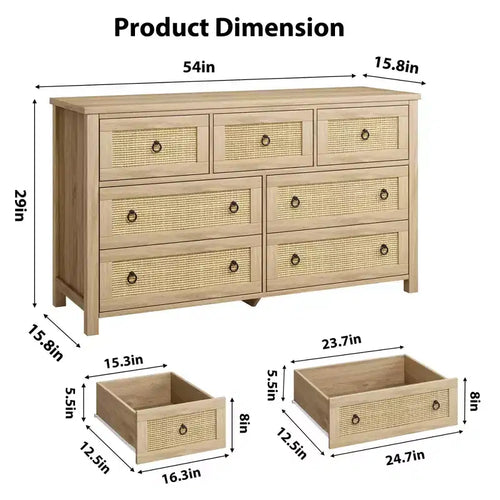 Comò a 7 cassetti in simil-rattan 54 pollici - Contenitore strutturato per camera da letto, soggiorno, ingresso