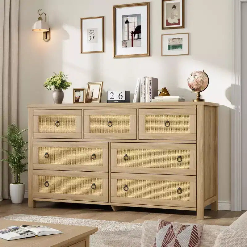 Comò a 7 cassetti in simil-rattan 54 pollici - Contenitore strutturato per camera da letto, soggiorno, ingresso