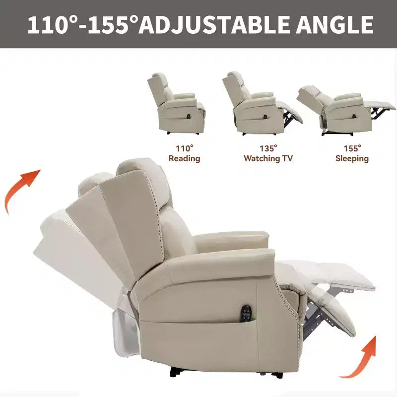 Poltrona reclinabile manuale beige in similpelle per soggiorno con meccanismo di movimento per impieghi gravosi 8 nodi vibranti e 3 modalità di massaggio