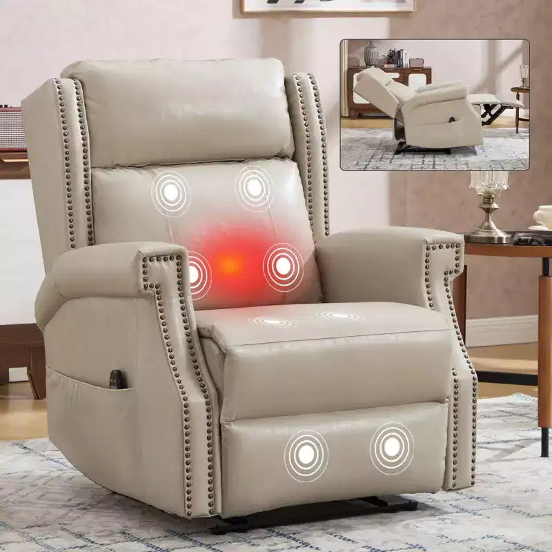 Poltrona reclinabile manuale beige in similpelle per soggiorno con meccanismo di movimento per impieghi gravosi 8 nodi vibranti e 3 modalità di massaggio