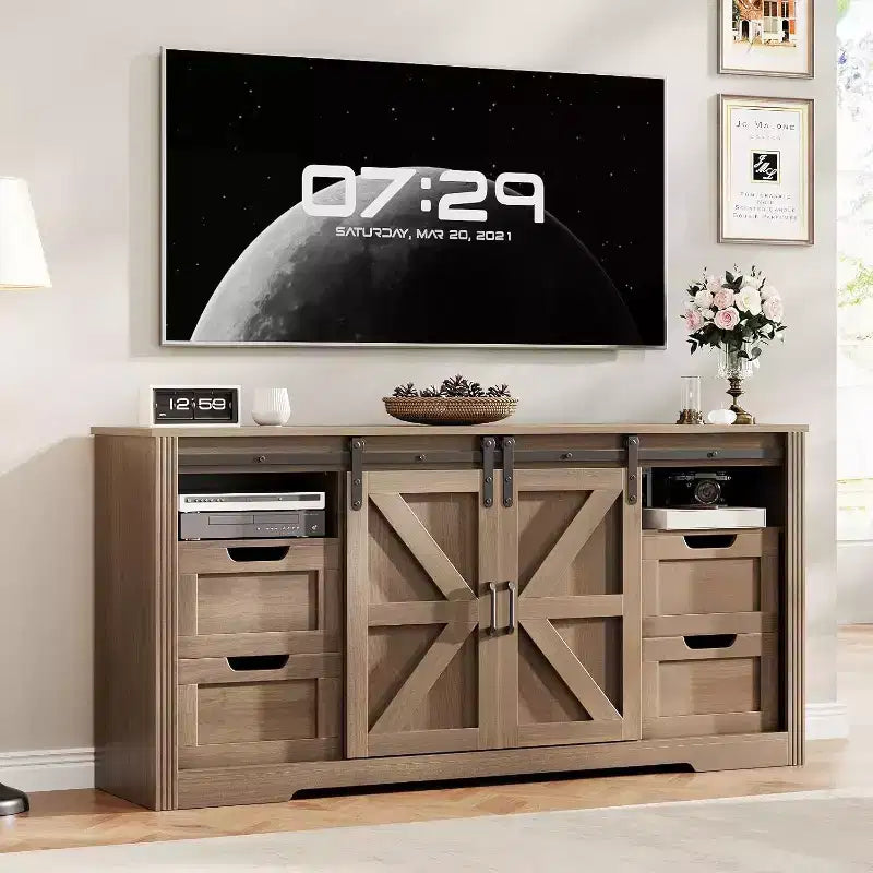 Mobile TV Rustico per Televisori Fino a 70 Pollici, Mobile Porta TV con Ripiano Regolabile e Ante Scorrevoli a Stile Fienile