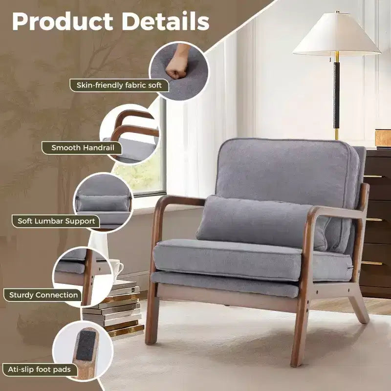 Poltrona d'Appoggio Mid-Century Modern con Braccioli e Cuscino Lombare, Poltrona Relax con Struttura in Legno di Caucciù e Schiuma ad Alta Resilienza per Soggiorno