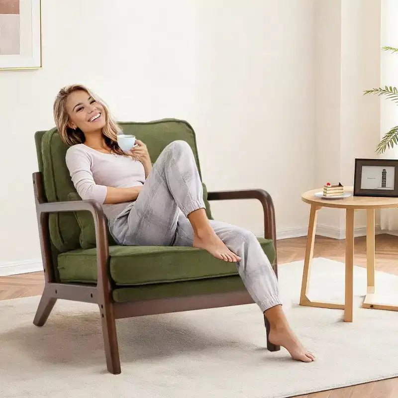 Poltrona d'Appoggio Mid-Century Modern con Braccioli e Cuscino Lombare, Poltrona Relax con Struttura in Legno di Caucciù e Schiuma ad Alta Resilienza per Soggiorno