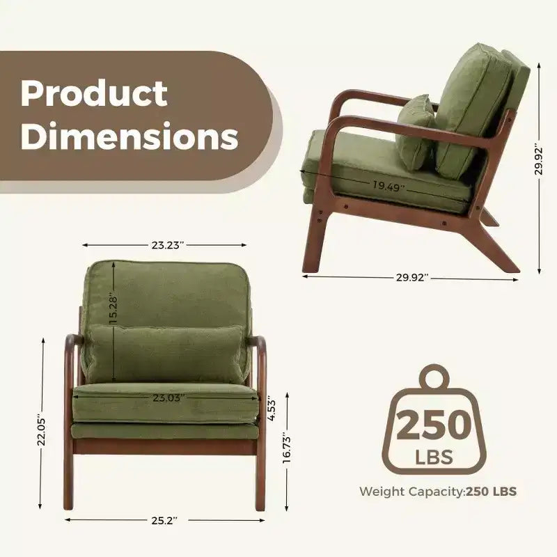 Poltrona d'Appoggio Mid-Century Modern con Braccioli e Cuscino Lombare, Poltrona Relax con Struttura in Legno di Caucciù e Schiuma ad Alta Resilienza per Soggiorno