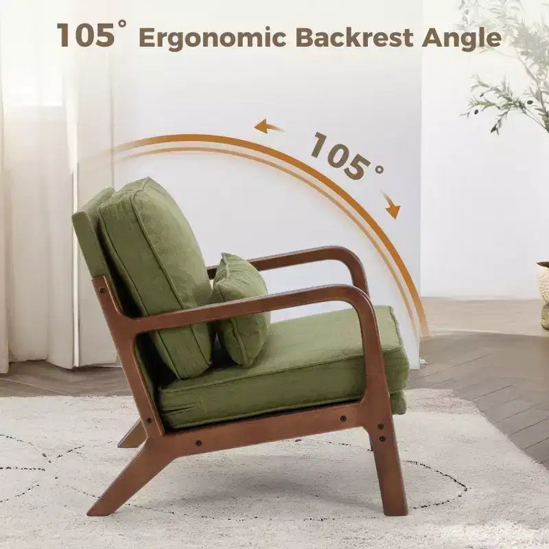 Poltrona d'Appoggio Mid-Century Modern con Braccioli e Cuscino Lombare, Poltrona Relax con Struttura in Legno di Caucciù e Schiuma ad Alta Resilienza per Soggiorno