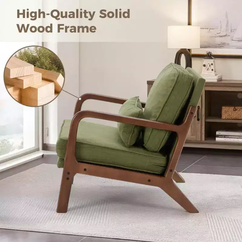 Poltrona d'Appoggio Mid-Century Modern con Braccioli e Cuscino Lombare, Poltrona Relax con Struttura in Legno di Caucciù e Schiuma ad Alta Resilienza per Soggiorno