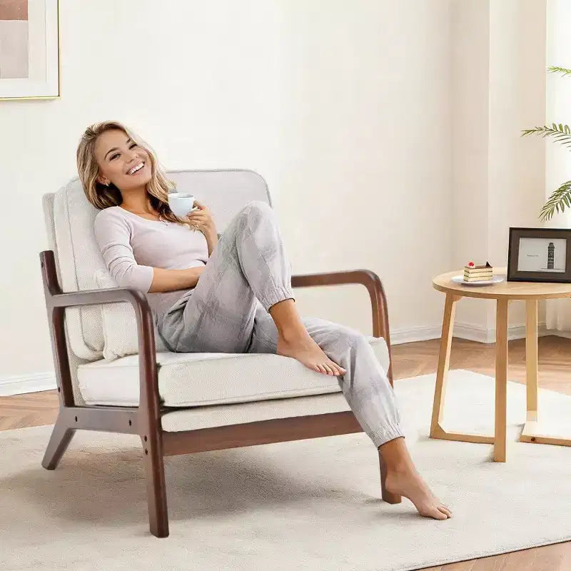 Poltrona d'Appoggio Mid-Century Modern con Braccioli e Cuscino Lombare, Poltrona Relax con Struttura in Legno di Caucciù e Schiuma ad Alta Resilienza per Soggiorno