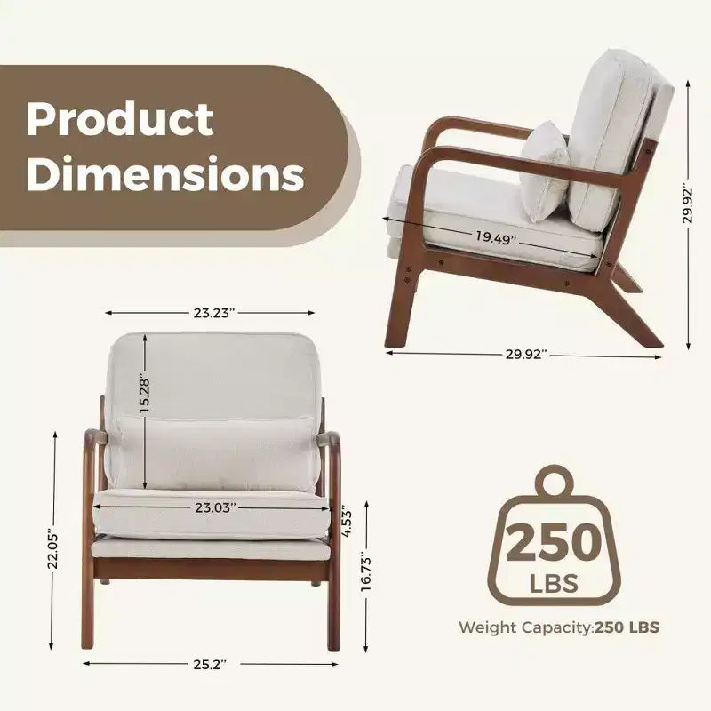 Poltrona d'Appoggio Mid-Century Modern con Braccioli e Cuscino Lombare, Poltrona Relax con Struttura in Legno di Caucciù e Schiuma ad Alta Resilienza per Soggiorno