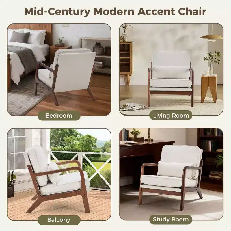 Poltrona d'Appoggio Mid-Century Modern con Braccioli e Cuscino Lombare, Poltrona Relax con Struttura in Legno di Caucciù e Schiuma ad Alta Resilienza per Soggiorno