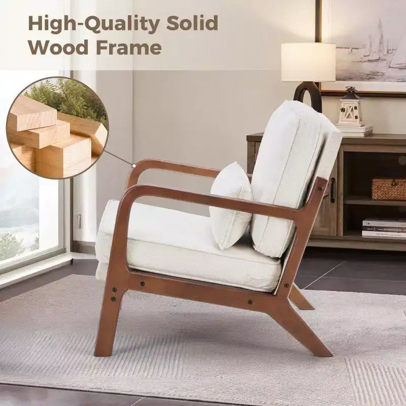 Poltrona d'Appoggio Mid-Century Modern con Braccioli e Cuscino Lombare, Poltrona Relax con Struttura in Legno di Caucciù e Schiuma ad Alta Resilienza per Soggiorno