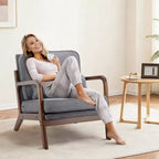 Poltrona d'Appoggio Mid-Century Modern con Braccioli e Cuscino Lombare, Poltrona Relax con Struttura in Legno di Caucciù e Schiuma ad Alta Resilienza per Soggiorno