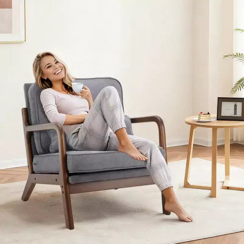 Poltrona d'Appoggio Mid-Century Modern con Braccioli e Cuscino Lombare, Poltrona Relax con Struttura in Legno di Caucciù e Schiuma ad Alta Resilienza per Soggiorno