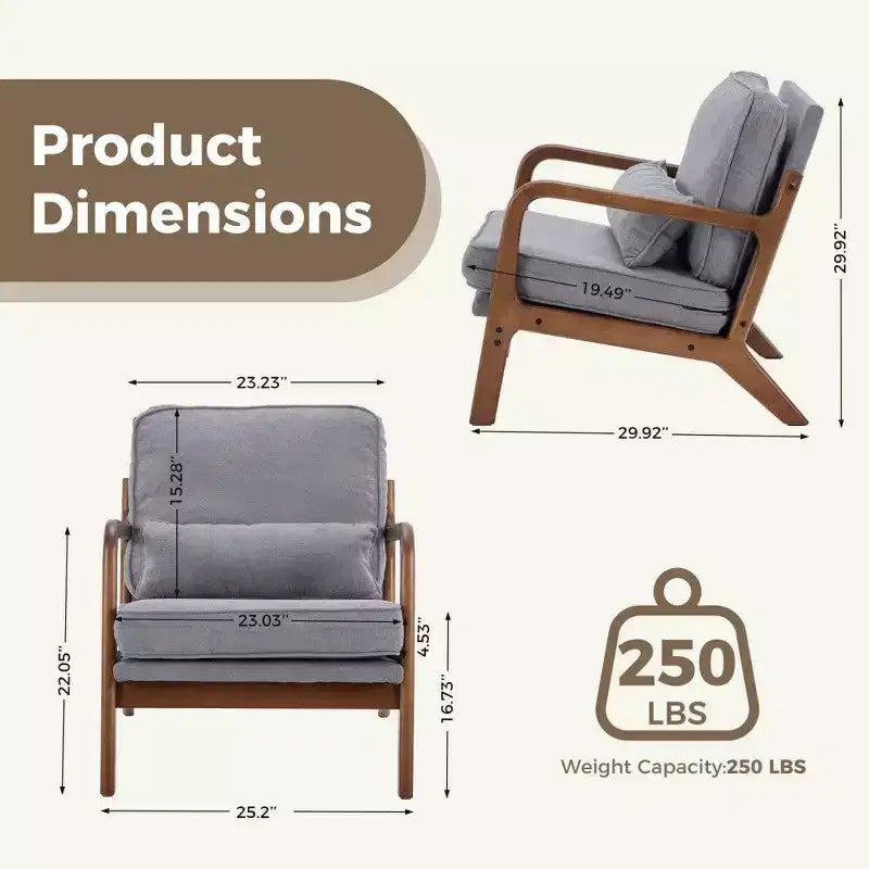 Poltrona d'Appoggio Mid-Century Modern con Braccioli e Cuscino Lombare, Poltrona Relax con Struttura in Legno di Caucciù e Schiuma ad Alta Resilienza per Soggiorno