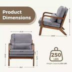 Poltrona d'Appoggio Mid-Century Modern con Braccioli e Cuscino Lombare, Poltrona Relax con Struttura in Legno di Caucciù e Schiuma ad Alta Resilienza per Soggiorno