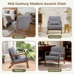 Poltrona d'Appoggio Mid-Century Modern con Braccioli e Cuscino Lombare, Poltrona Relax con Struttura in Legno di Caucciù e Schiuma ad Alta Resilienza per Soggiorno
