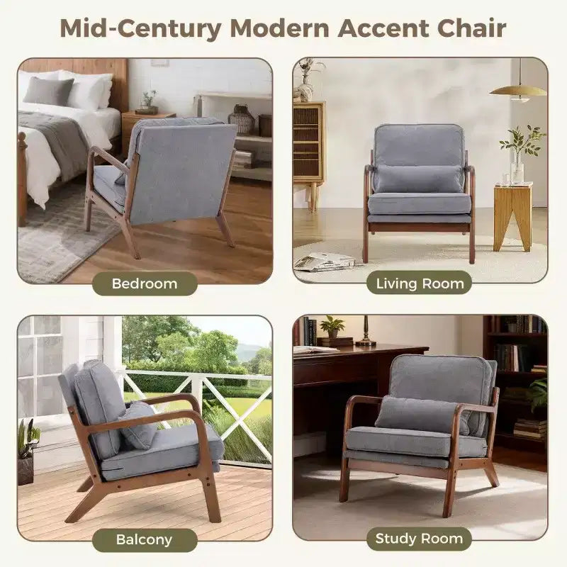 Poltrona d'Appoggio Mid-Century Modern con Braccioli e Cuscino Lombare, Poltrona Relax con Struttura in Legno di Caucciù e Schiuma ad Alta Resilienza per Soggiorno