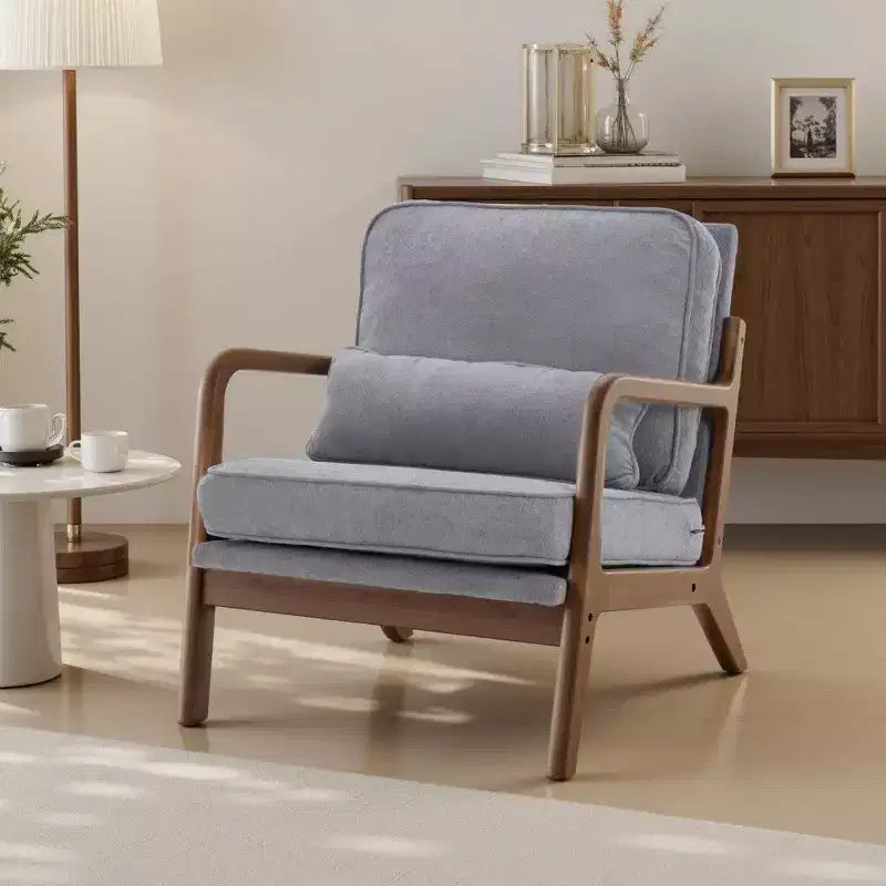 Poltrona d'Appoggio Mid-Century Modern con Braccioli e Cuscino Lombare, Poltrona Relax con Struttura in Legno di Caucciù e Schiuma ad Alta Resilienza per Soggiorno