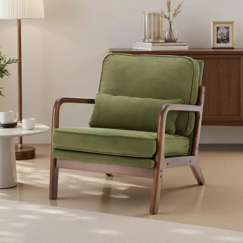 Poltrona d'Appoggio Mid-Century Modern con Braccioli e Cuscino Lombare, Poltrona Relax con Struttura in Legno di Caucciù e Schiuma ad Alta Resilienza per Soggiorno