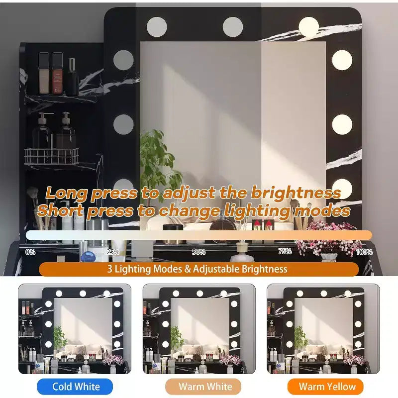 Acekool Tavolo da trucco con specchio, lampadine, sedia, cassetti e prese di corrente per camera da letto o salone