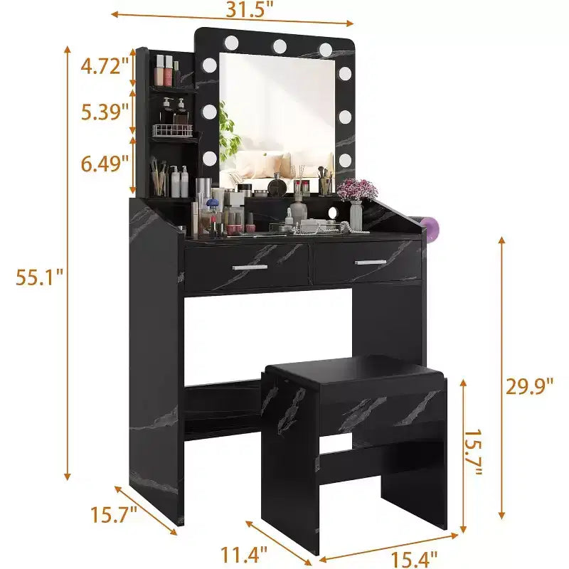 Acekool Tavolo da trucco con specchio, lampadine, sedia, cassetti e prese di corrente per camera da letto o salone