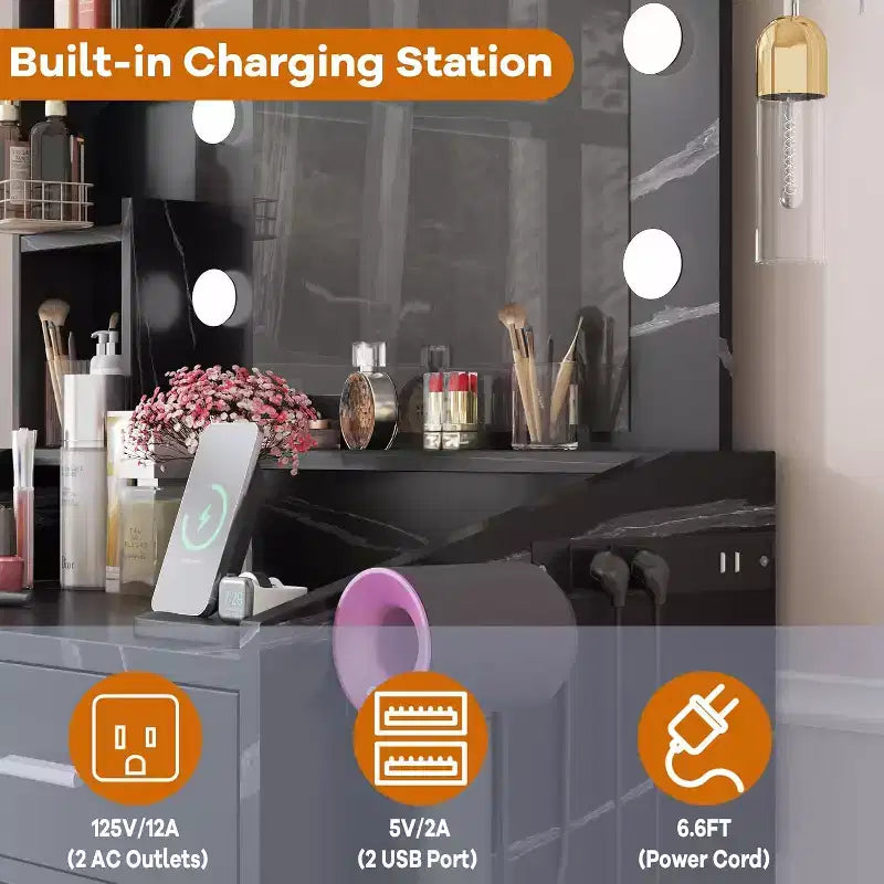Acekool Tavolo da trucco con specchio, lampadine, sedia, cassetti e prese di corrente per camera da letto o salone
