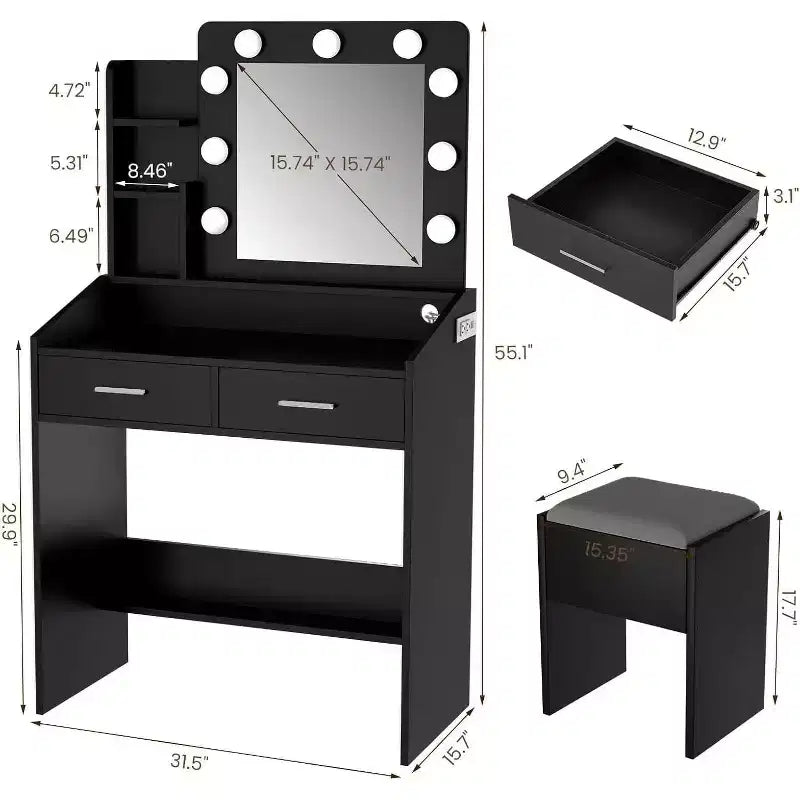 Acekool Tavolo da trucco con specchio, lampadine, sedia, cassetti e prese di corrente per camera da letto o salone