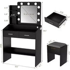 Tavolo da trucco con specchio, lampadine, sedia, cassetti e prese di corrente per camera da letto o salone