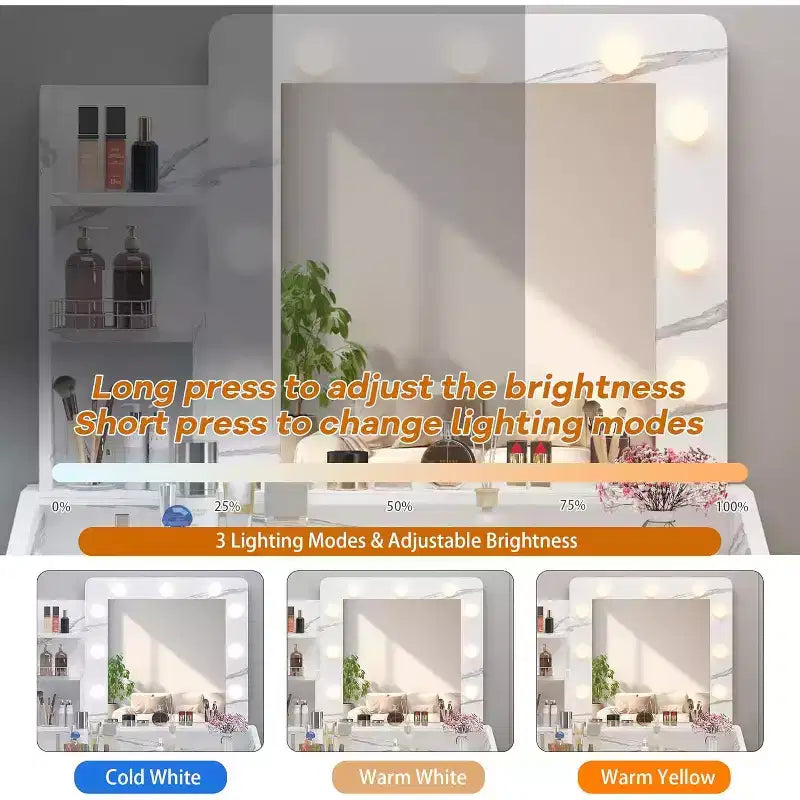Acekool Tavolo da trucco con specchio, lampadine, sedia, cassetti e prese di corrente per camera da letto o salone