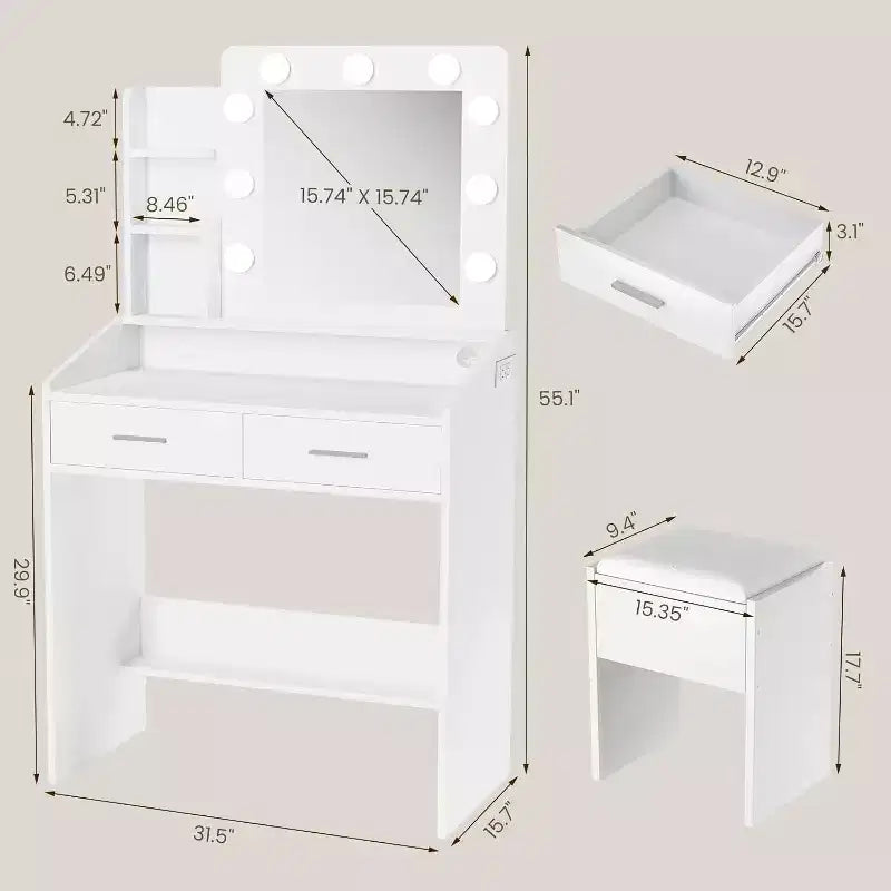 Acekool Tavolo da trucco con specchio, lampadine, sedia, cassetti e prese di corrente per camera da letto o salone