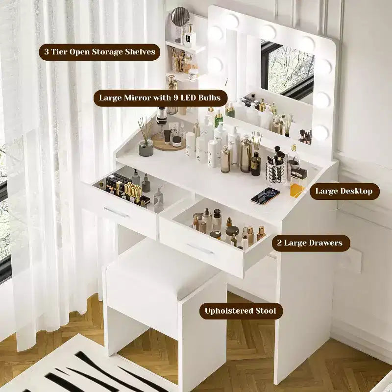Acekool Tavolo da trucco con specchio, lampadine, sedia, cassetti e prese di corrente per camera da letto o salone