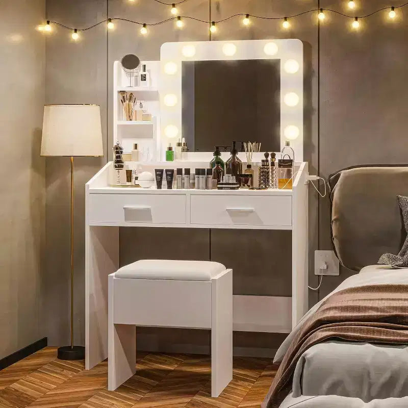 Acekool Tavolo da trucco con specchio, lampadine, sedia, cassetti e prese di corrente per camera da letto o salone