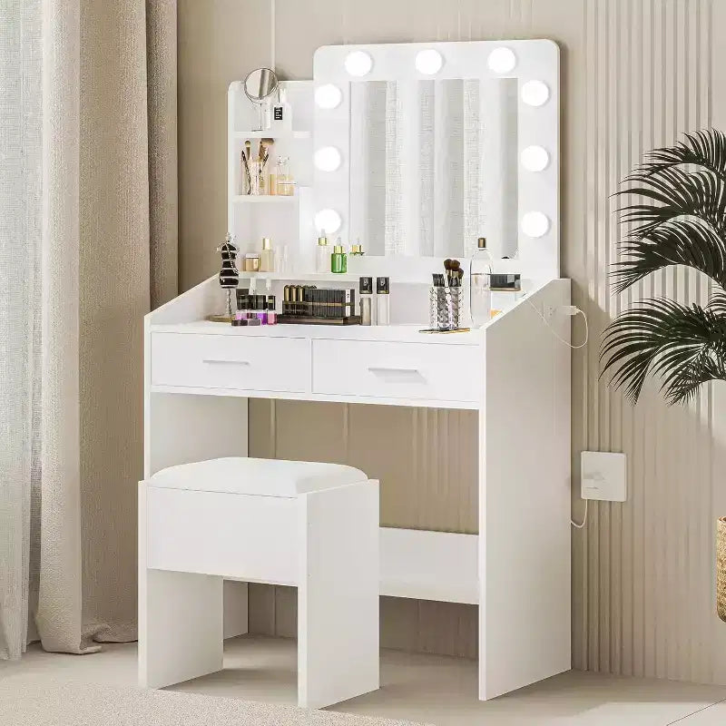 Acekool Tavolo da trucco con specchio, lampadine, sedia, cassetti e prese di corrente per camera da letto o salone