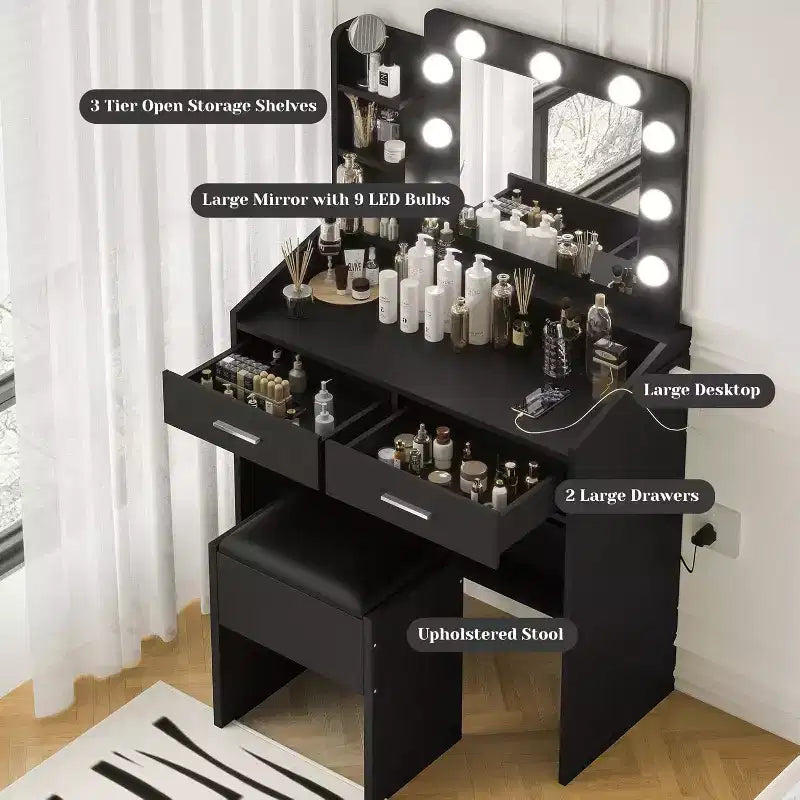 Acekool Tavolo da trucco con specchio, lampadine, sedia, cassetti e prese di corrente per camera da letto o salone