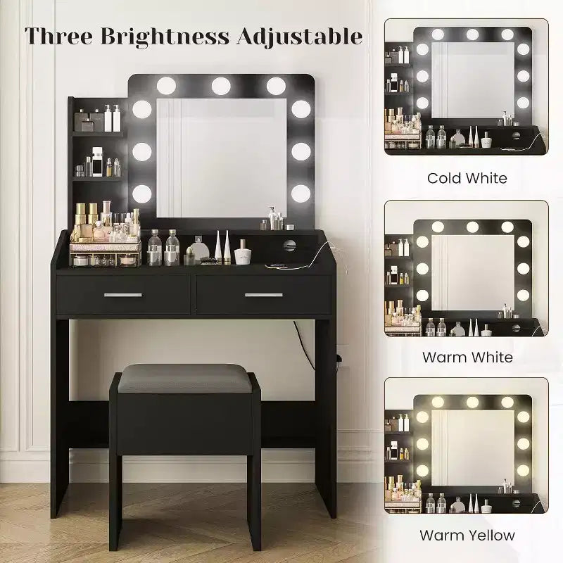 Acekool Tavolo da trucco con specchio, lampadine, sedia, cassetti e prese di corrente per camera da letto o salone