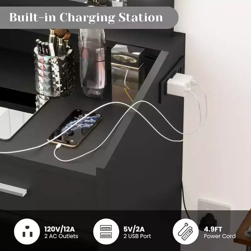 Acekool Tavolo da trucco con specchio, lampadine, sedia, cassetti e prese di corrente per camera da letto o salone