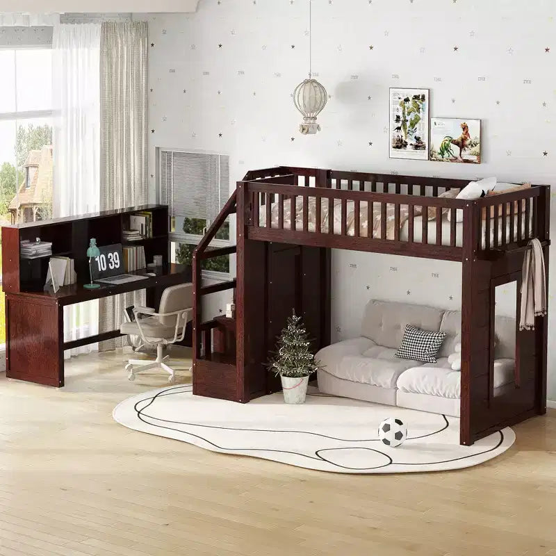Letto a soppalco matrimoniale/full size con scrivania mobile, scale contenitore e scaffali - ModernLuxe