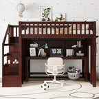 Letto a soppalco matrimoniale/full size con scrivania mobile, scale contenitore e scaffali