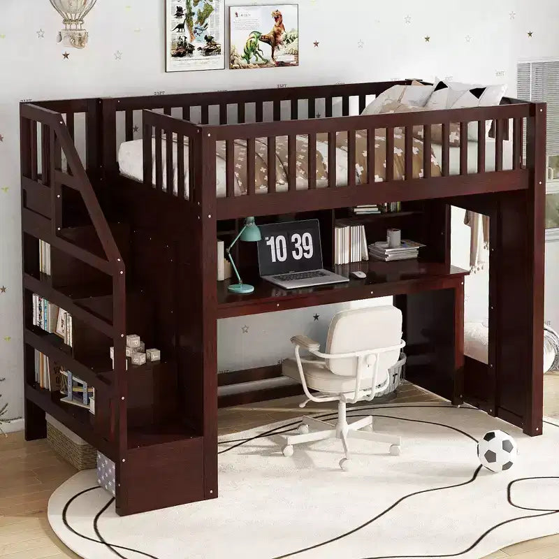 Letto a soppalco matrimoniale/full size con scrivania mobile, scale contenitore e scaffali - ModernLuxe
