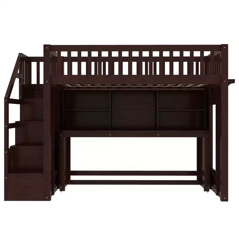 Letto a soppalco matrimoniale/full size con scrivania mobile, scale contenitore e scaffali - ModernLuxe