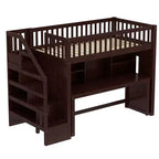 Letto a soppalco matrimoniale/full size con scrivania mobile, scale contenitore e scaffali