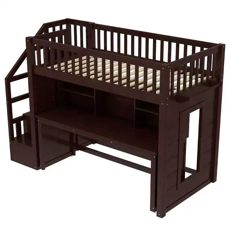 Letto a soppalco matrimoniale/full size con scrivania mobile, scale contenitore e scaffali - ModernLuxe
