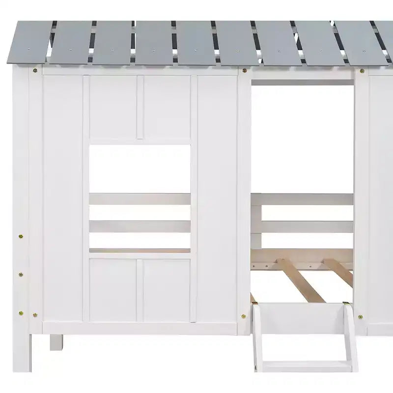 Letto a Capanna a Castello per Bambini, in Legno, Basso, con Finestre e Tetto, Facile da Montare, Bianco