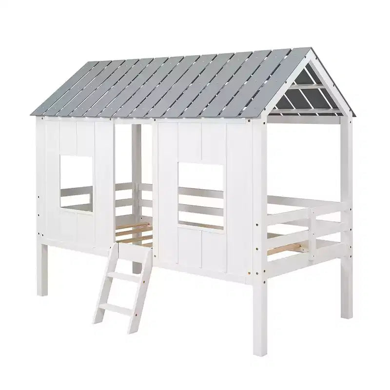 Letto a Capanna a Castello per Bambini, in Legno, Basso, con Finestre e Tetto, Facile da Montare, Bianco