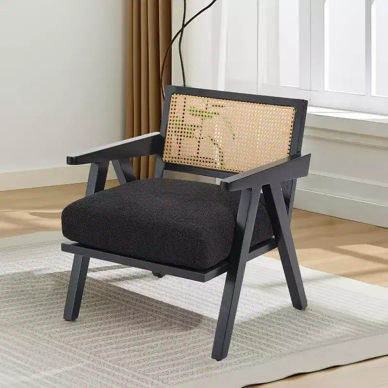 Acekool Poltrona moderna di metà secolo, Sedia da salotto con struttura in legno e schienale in rattan e spesso cuscino in lino per soggiorno, camera da letto, angolo lettura