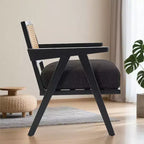 Poltrona moderna di metà secolo, Sedia da salotto con struttura in legno e schienale in rattan e spesso cuscino in lino per soggiorno, camera da letto, angolo lettura