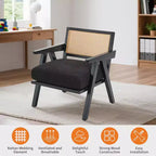 Poltrona moderna di metà secolo, Sedia da salotto con struttura in legno e schienale in rattan e spesso cuscino in lino per soggiorno, camera da letto, angolo lettura