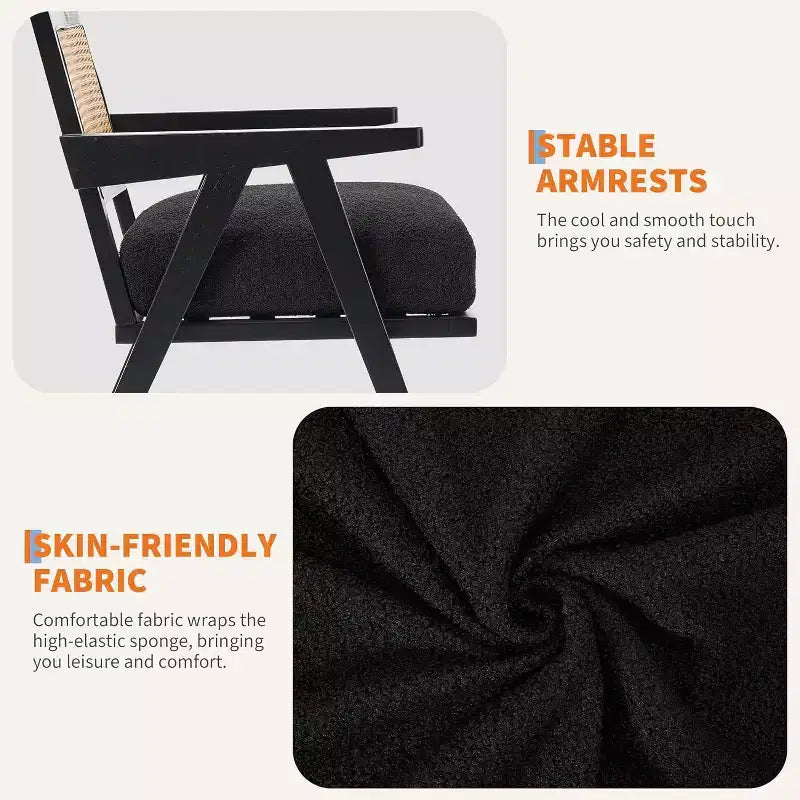 Acekool Poltrona moderna di metà secolo, Sedia da salotto con struttura in legno e schienale in rattan e spesso cuscino in lino per soggiorno, camera da letto, angolo lettura