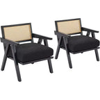 Poltrona moderna di metà secolo, Sedia da salotto con struttura in legno e schienale in rattan e spesso cuscino in lino per soggiorno, camera da letto, angolo lettura